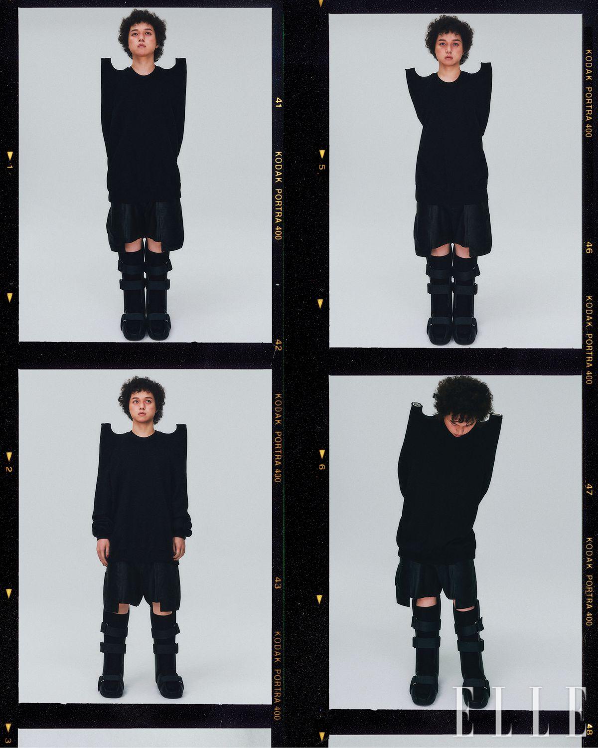 숄더가 독특한 디자인의 톱과 팬츠, 슈즈는 모두 Rick Owens. 삭스는 스타일리스트 소장품.