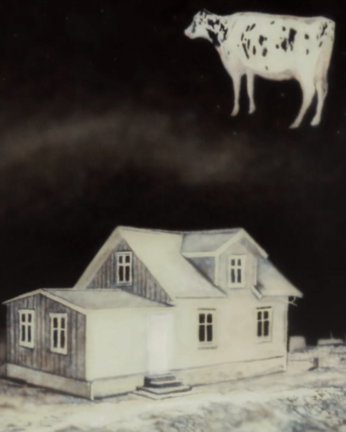  공중에 떠 있는 젖소 또한 오류가 만들어낸 기괴한 풍경이다. ‘홀리(Holy)’, 2024, Acrylic on Canvas, 116.8x91cm.
