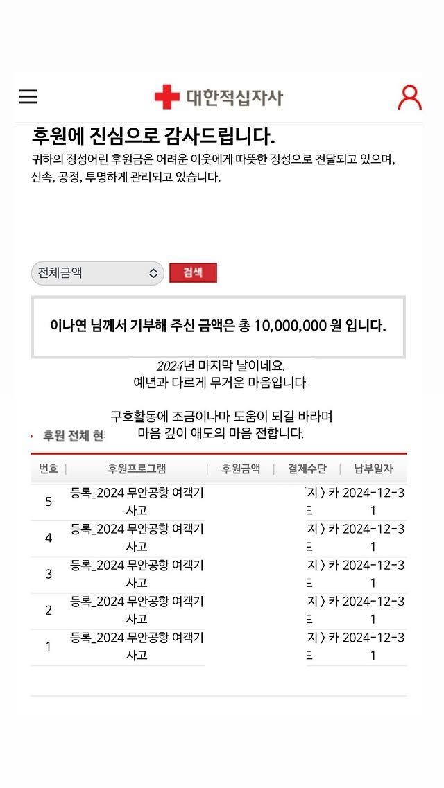 SNS로 기부 사실 밝힌 이나연 