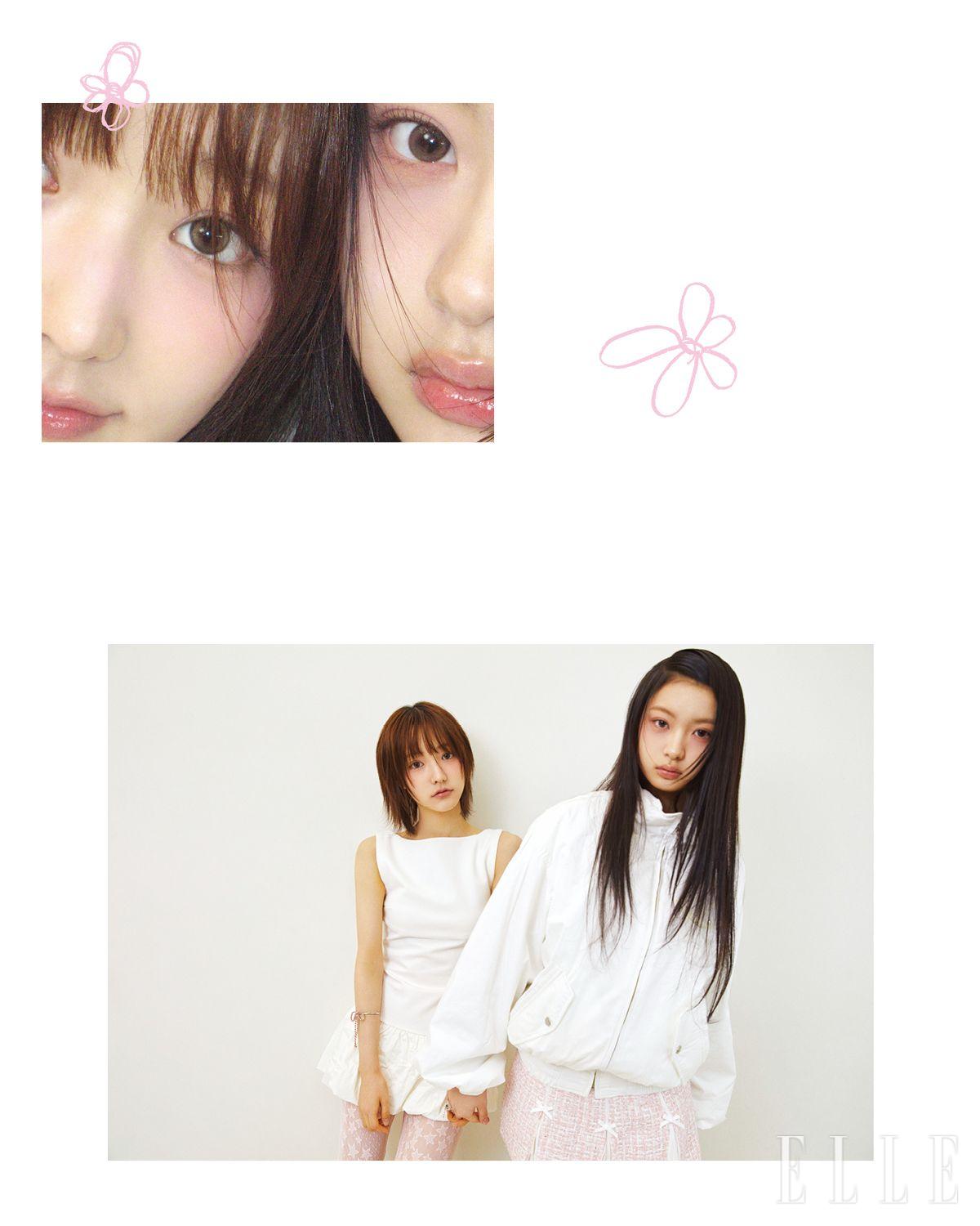 (왼쪽부터) 지유가 입은 화이트 슬리브리스 드레스는 Miaou. 핑크 컬러 타이츠는 Fogdawn. 브레이슬릿은 Yellow Swallow. 키야가 입은 보머 재킷은 Open Yy. 트위드 스커트는 Guizio. 링은 Odditeeth.