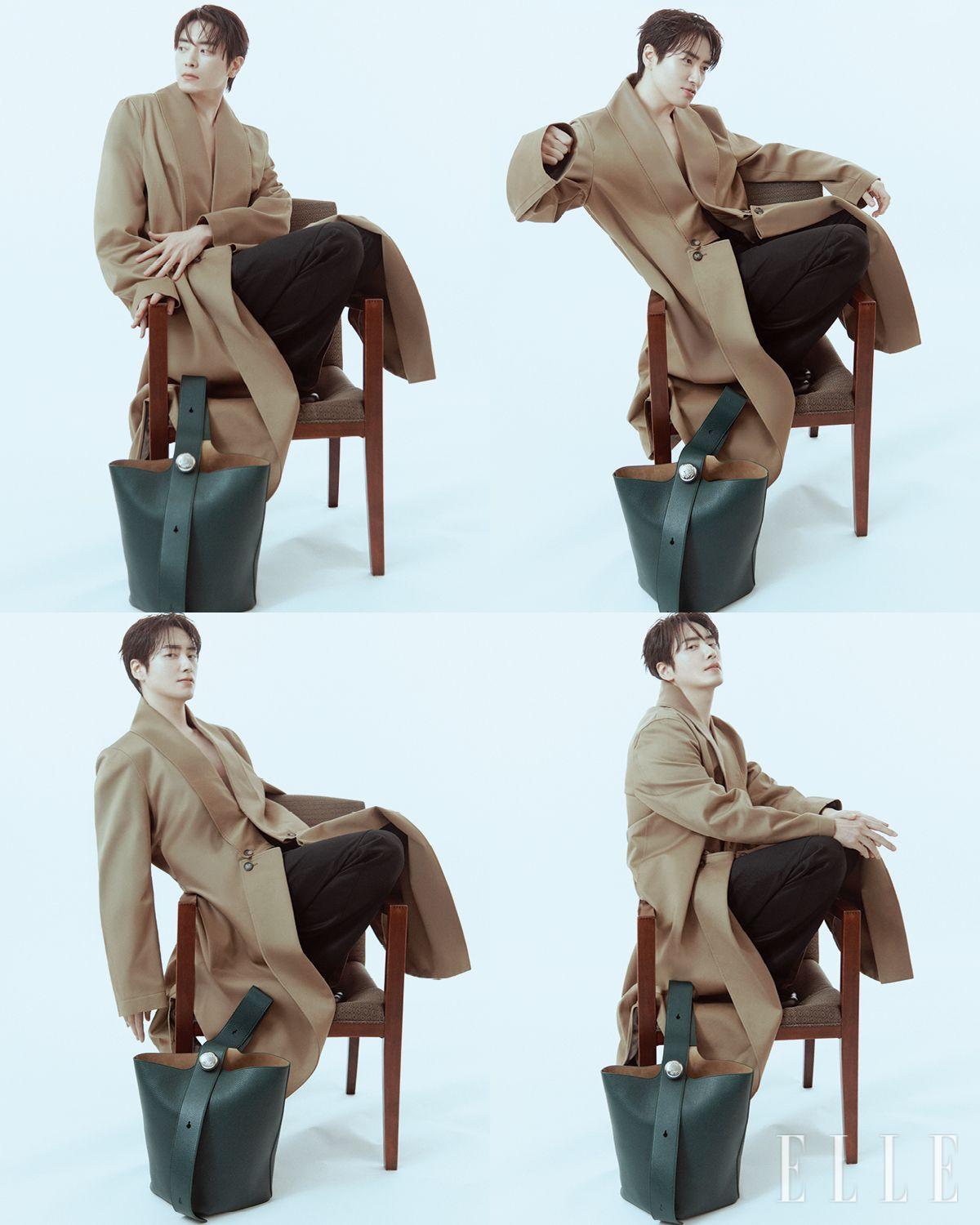 롱 코트와 팬츠, 첼시 부츠, 에버그린 컬러의 페블 버킷 라지 백은 모두 Loewe.