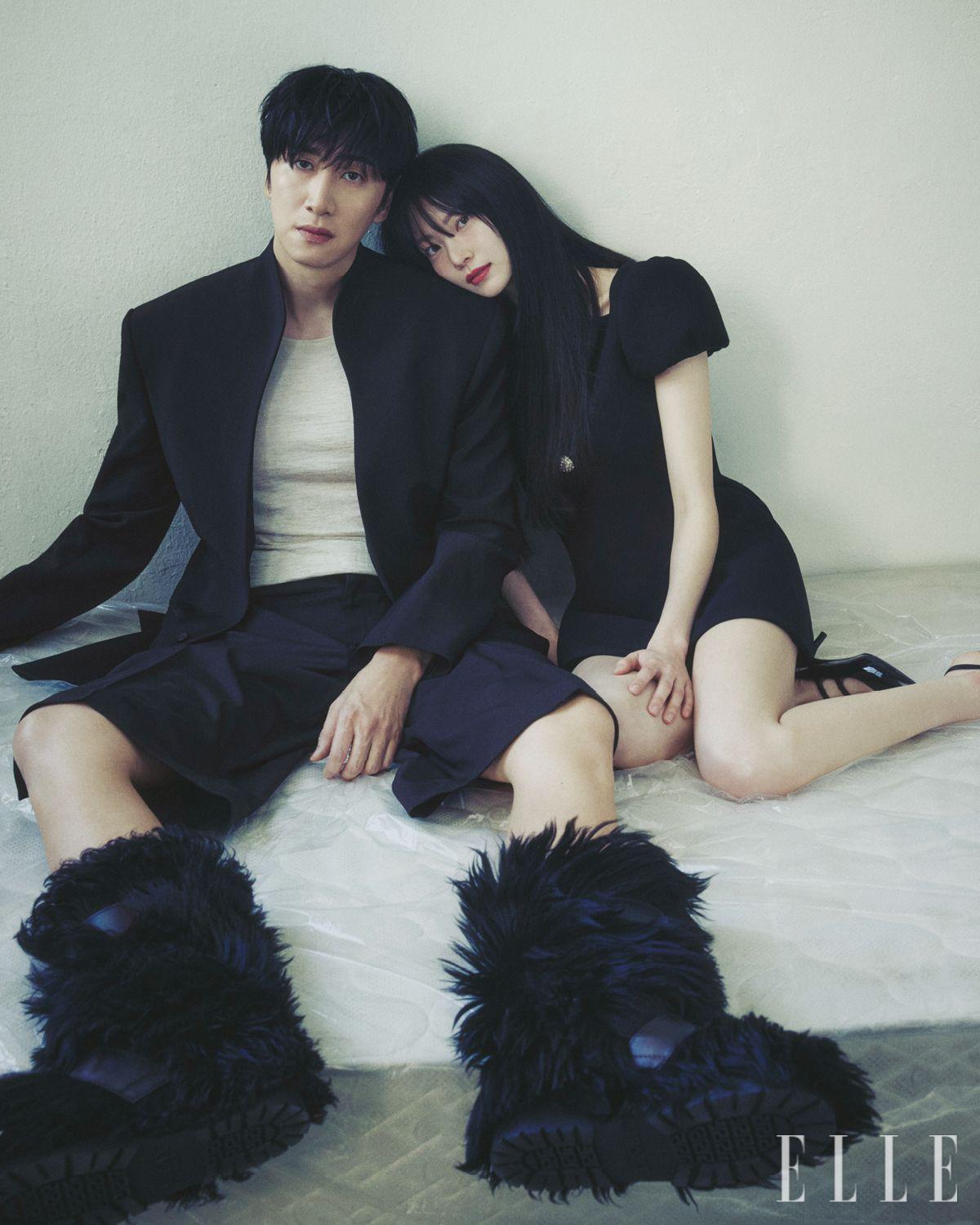 이광수가 입은 재킷과 팬츠는 모두 Mugler by 10 Corso Como Seoul. 탱크톱은 Dior. 부츠는 Versace. 공승연이 입은 드레스와 슈즈는 모두 Celine. 