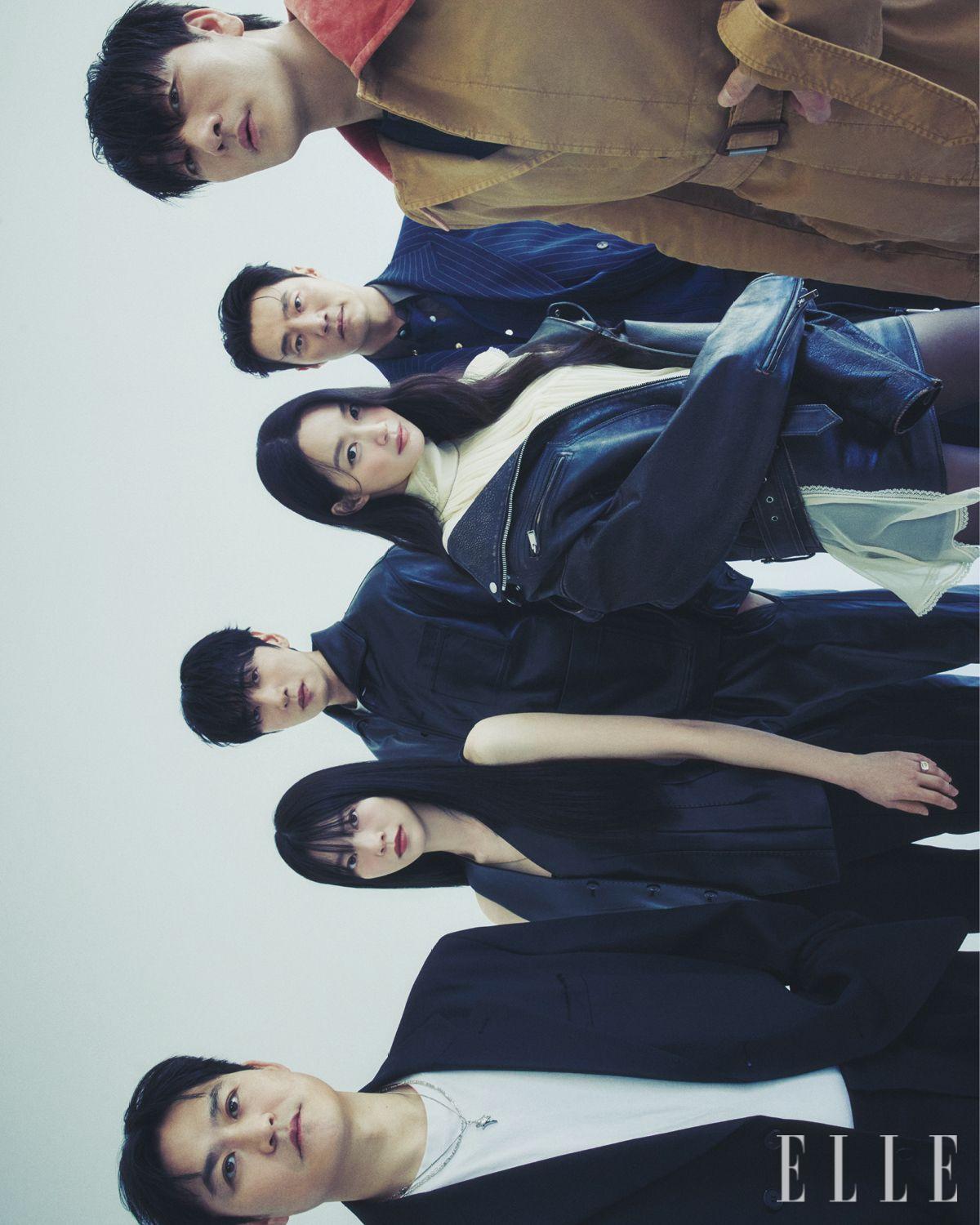 김성균이 입은 수트는 Intersection. 공승연이 입은 레더 베스트와 팬츠는 모두 Ych. 네크리스와 링은 모두 Tom Wood. 이광수가 입은 셔츠와 팬츠, 슈즈는 모두 Bottega Venata. 티셔츠는 Acne Studios. 신민아가 입은 레더 재킷과 블라우스, 스커트는 모두 McQueen. 이희준이 입은 블레이저는 Recto. 이너 카디건은 Noice. 브라운 셔츠는 Bower. 박해수가 입은 코트는 Alexander McQueen.