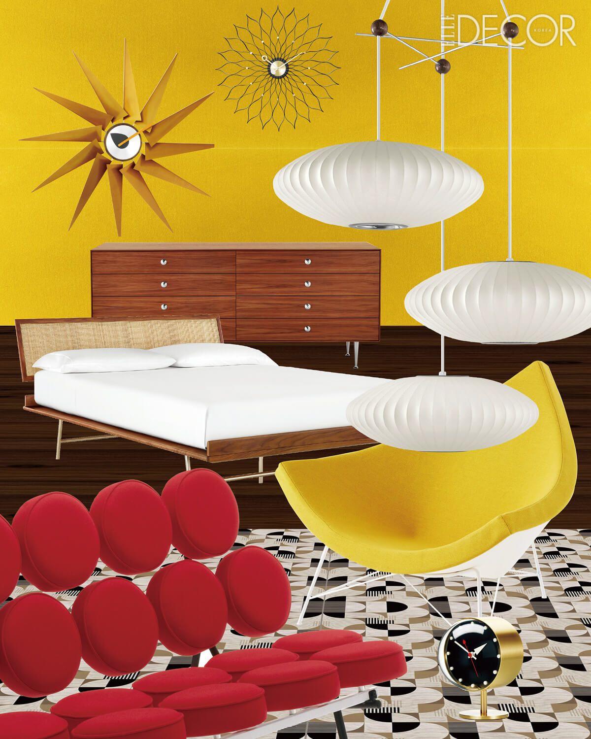 (왼쪽 위부터 시계 방향으로) 숫자가 없는 것이 특징으로 고품질의 쿼츠 무브먼트가 장착된 벽시계는 비트라의 ‘Turbine’과 ‘Sunflower’. 폴리머 소재로 제작해 은은한 빛을 내뿜는 펜던트 조명은 허먼 밀러의 ‘Saucer Bubble’. 잘린 코코넛 모습을 닮았다고 해서 이름이 붙여진 라운지체어는 허먼 밀러의 ‘Coconut’. 투명한 구형이 개성 있는 탁상시계는 비트라의 ‘Night’. 직선과 곡선이 결합된 그래픽 패브릭은 까사망스의 ‘Nelson’. 동그란 쿠션 18개를 강철 프레임에 붙여 완성한 소파는 허먼 밀러의 ‘Marshmallow‘. 경사진 헤드보드와 가느다란 다리가 특징인 침대는 허먼 밀러의 ‘Thin Edge Bed’. 얇은 가장자리에서 세련되고 경쾌한 미학이 돋보이는 드레서는 허먼 밀러의 ‘Thin Edge Double Dresser’. 