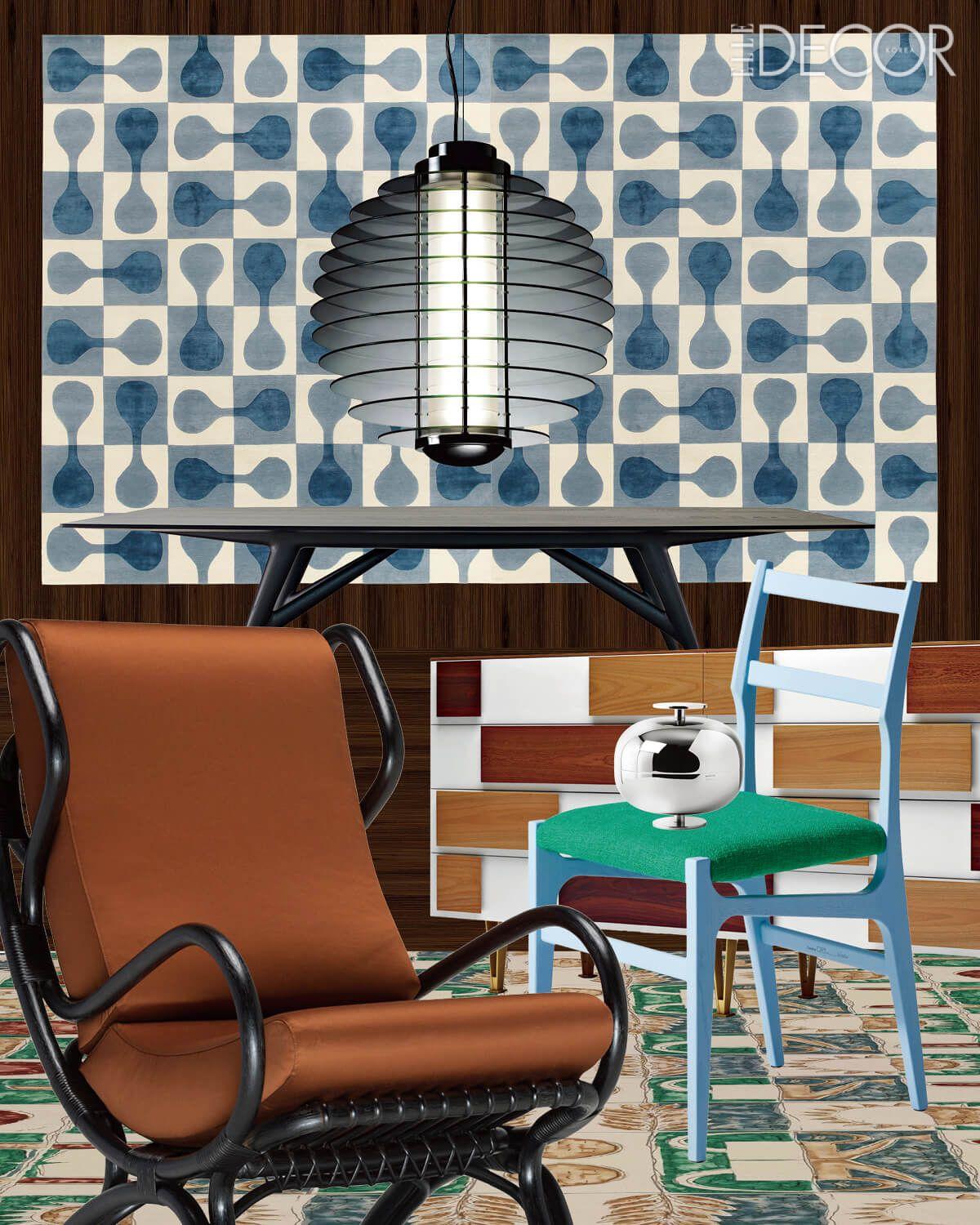 (왼쪽 위부터 시계 방향으로) 지오 폰티가 이탈리아 ‘파르코 데이 프린시피(Parco Dei Principi)’ 호텔 바닥을 위해 디자인한 세라믹 패턴을 패브릭으로 옮긴 러그는 아미니의 ‘Sorrento’. 실린더 형태의 유리 디퓨저에 강화유리 디스크가 결합된 조명은 폰타나 아르테의 ‘Suspension’. 호두나무와 마호가니, 느릅나무 등 다양한 나무로 만든 손잡이가 특징인 서랍장은 몰테니앤씨의 ‘Chests of drawers D.655.1’. 다이아몬드 형태로 커팅된 등받이로 편안함을 극대화한 의자는 까시나의 ‘Principi’. 1950년대에 디자인한 기하학적 패턴의 패브릭은 ‘Estate’. 완벽한 대칭미를 지닌 센터피스는 삼보넷의 ‘Inox’. 호텔과 크루즈 선박을 위해 디자인된 안락의자에서 영감을 얻은 암체어는 몰테니앤씨의 ‘Continuum D.163.7’. 최대 열 명이 앉을 수 있는 길이로, 주로 회의용 테이블로 사용된 테이블은 몰테니앤씨의 ‘Wooden Table D.859.1’.