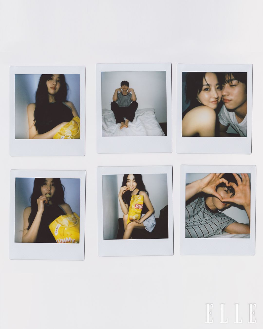 보영이 입은 레이어드 슬리브리스 톱은 Lucky Chouette. 스트라이프 팬츠는 Mardi Mercredi. 진영이 입은 스트라이프 티셔츠와 팬츠는 모두 Nohant. 화이트 티셔츠는 스타일리스트 소장품.