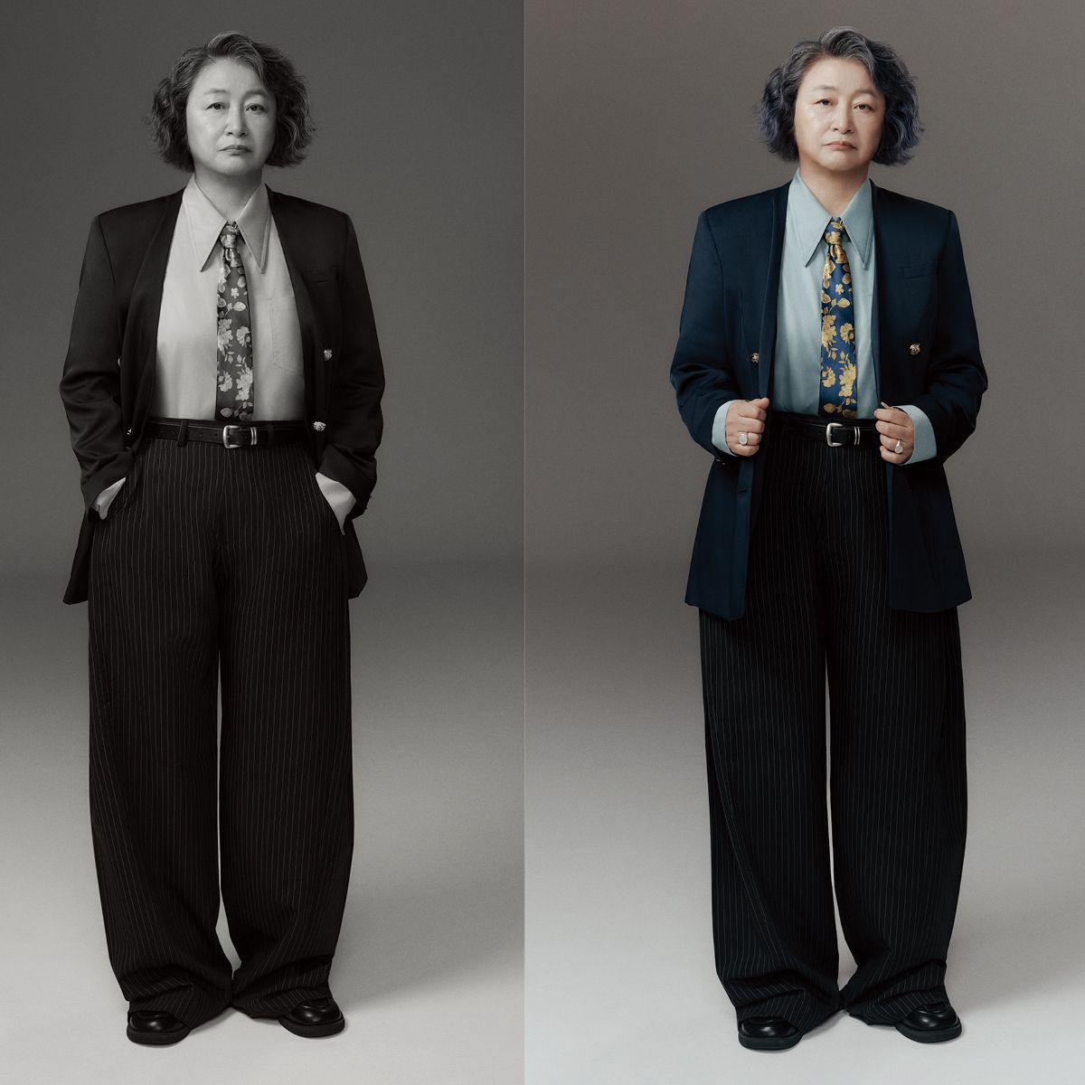 재킷과 셔츠, 플라워 패턴 타이와 슈즈는 모두 스타일리스트 소장품. 
