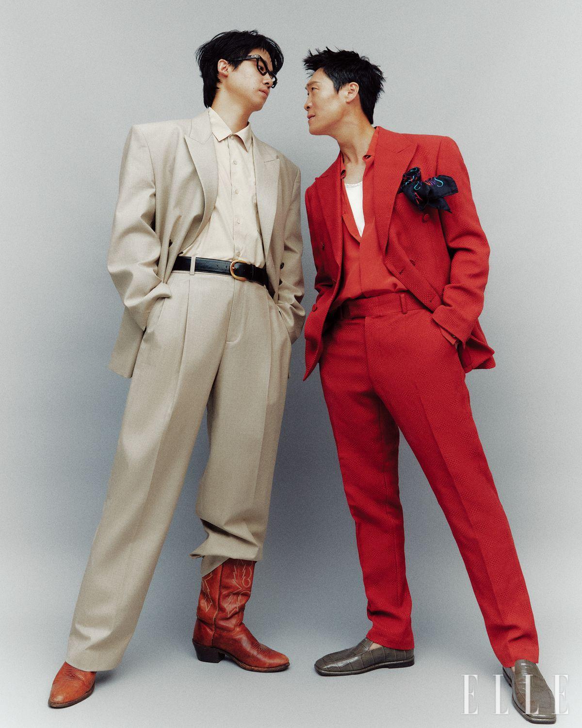 조현철이 입은 재킷과 팬츠, 벨트는 모두 Recto. 셔츠는 Auralee. 안경은 Balenciaga. 웨스턴 부츠는 스타일리스트 소장품. 진선규가 입은 재킷과 팬츠, 셔츠는 모두 Lemeteque. 행커치프는 Saint Laurent. 슈즈는 Ferragamo. 