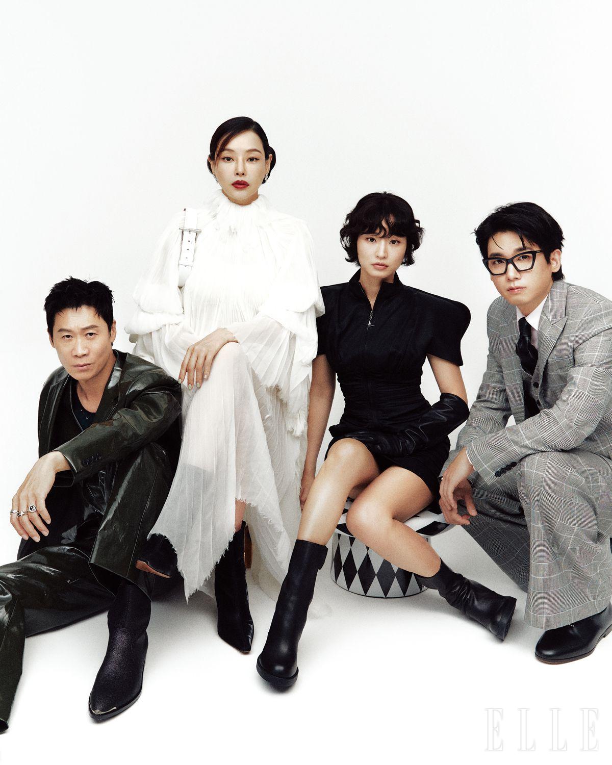 진선규가 입은 재킷과 팬츠, 슬리브리스는 모두 Lemeteque. 링은 모두 Two Jeys. 슈즈는 스타일리스트 소장품. 이하늬가 입은 드레스와 벨트, 슈즈는 모두 Alexander McQueen. 이어링은 Swarovski. 방효린이 입은 드레스는 Annakiki. 슈즈는 Tod’s. 레더 글러브는 스타일리스트 소장품. 조현철이 입은 재킷과 베스트, 팬츠, 슈즈, 안경, 링은 모두 McQueen. 셔츠는 Husbands Paris. 타이와 벨트는 모두 스타일리스트 소장품.