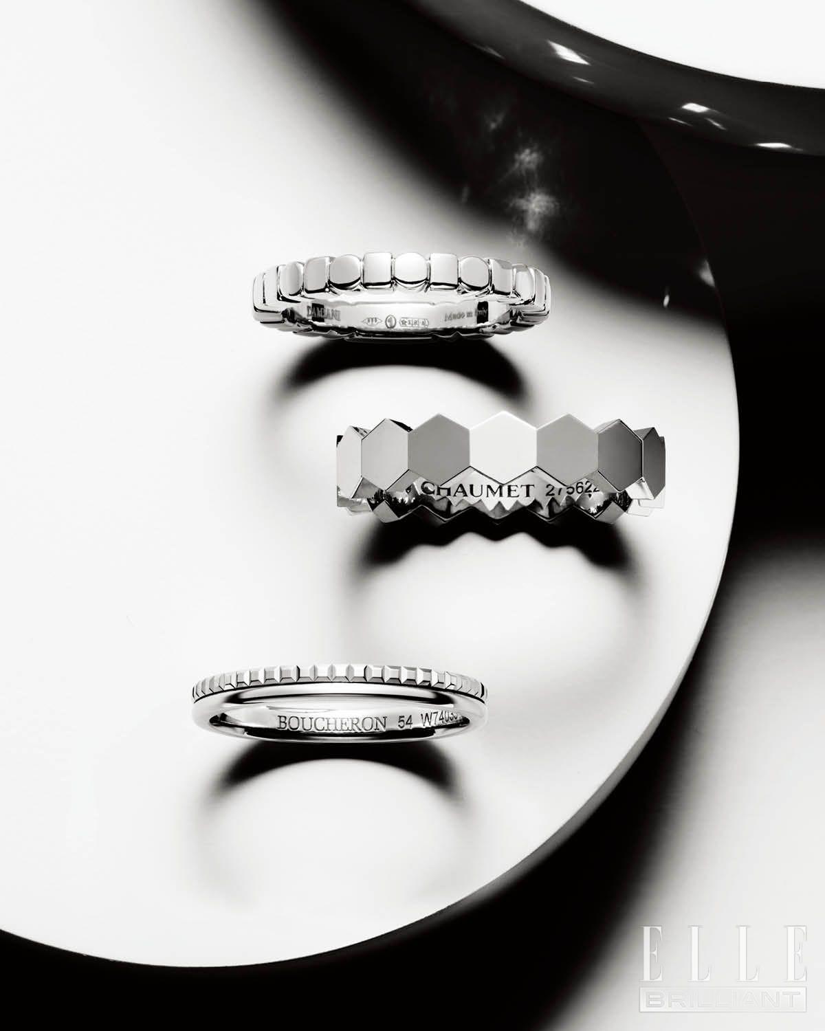 (위부터) 플래티넘 소재의 ‘벨 에포크 브라이덜’ 밴드는 DAMIANI. 허니콤을 모티프로 한 플래티넘 소재의 ‘비 드 쇼메’ 링은 CHAUMET. 2개의 밴드가 합쳐진 형태의 ‘콰트로 레디언트 에디션 웨딩’ 밴드는 BOUCHERON.