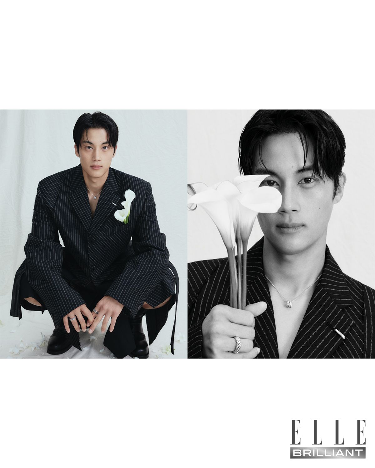 화이트 골드와 다이아몬드로 이루어진 ‘포스텐 라이즈’ 네크리스는 7백70만원, 왼손에 착용한 ‘포스텐’ 링은 5백55만원 모두 FRED. 오른손에 착용한 화이트 골드 소재의 ‘플렉스 잇’ 링은 3백만원대 FOPE. 스트라이프 셋업은 가격 미정 SONGZIO. 레더 부츠는 1백88만원 BURBERRY.