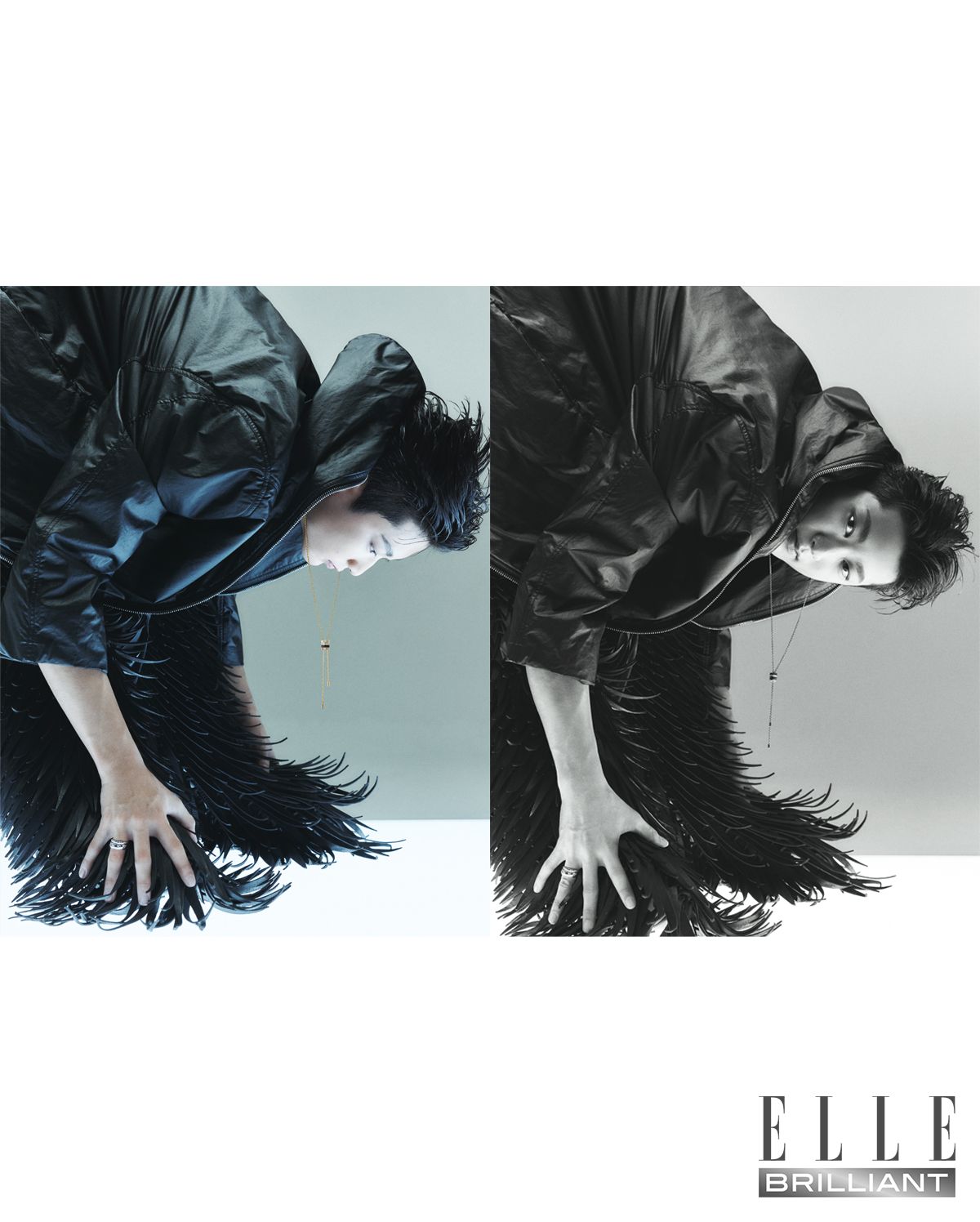  18K 화이트 골드 소재의 ‘코코 크러쉬’ 미니 링과 스몰 링은 모두 가격 미정 CHANEL FINE JEWELRY. 옐로 골드, 화이트 골드, 핑크 골드와 브라운 PVD에 다이아몬드를 파베 세팅한 ‘콰트로 클래식 라지 타이’ 네크리스는 1천만원대 BOUCHERON. 레더 코트와 부츠는 모두 가격 미정 RICK OWENS.