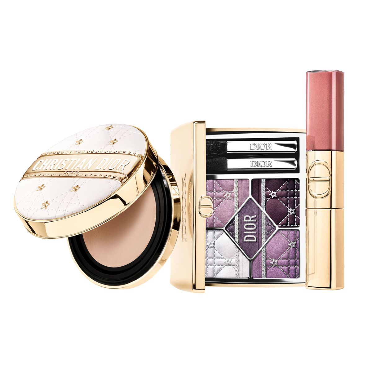 디올 포에버 쿠션 케이스 – 홀리데이 메이크업 컬렉션 | 4만 5천원 대, 루즈 디올 시퀸 리퀴드 듀오 – 홀리데이 메이크업 컬렉션 | 10가지 쉐이드 | 6ml & 5ml / 6만 5천원 대, 디올쇼 5 꿀뢰르 – 홀리데이 메이크업 컬렉션 | 2가지 쉐이드 | 7g / 10만 6천원 대, 모두 Dior Beauty.