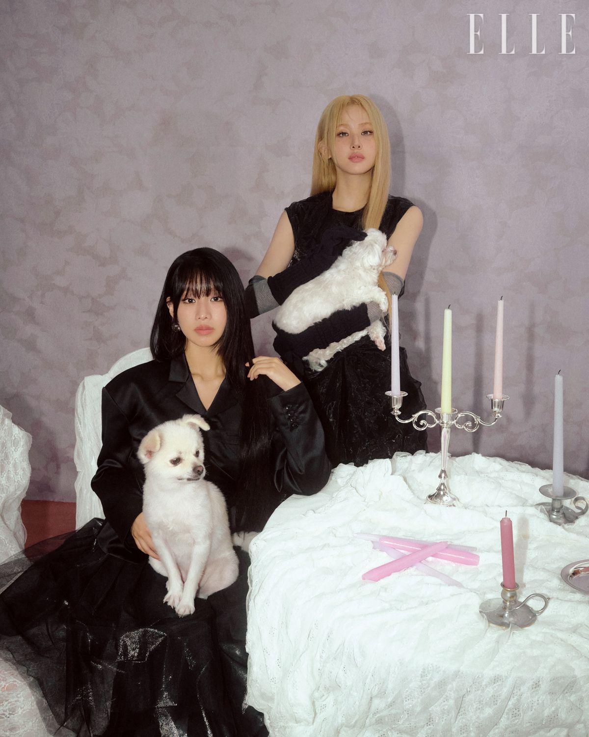 나띠가 입은 블랙 재킷은 Akikoaoki by Adekuver. 시스루 스커트는 Junya Watanabe. 블랙 부츠는 Miu Miu. 이어링은 Acne Studios. 벨이 입은 슬리브리스 드레스는 Maison Margiela. 니트 글러브는 Shushu/Tong. 워머로 연출한 양말은 에디터 소장품. 