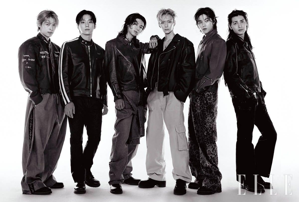 가온이 입은 바이커 재킷은 Bonbom. 팬츠는 Ajobyajo. 슈즈는 Dr. Martens. 건일이 입은 스트라이프 패턴 포인트의 레더 재킷은 Lewis Leathers by Hide and Ride. 팬츠는 스타일리스트 소장품. 슈즈는 Dr. Martens. 준한이 입은 레드 레더 재킷은 Lewis Leathers by Hide and Ride. 데님 팬츠는 Bonbom. 레더 부츠는 Burberry. 오드가 입은 바이커 재킷과 팬츠는 모두 Loewe. 부츠와 벨트는 모두 스타일리스트 소장품. 정수가 입은 블루 컬러 재킷은 Lewis Leathers by Hide and Ride. 레오퍼드 프린트 팬츠는 Duckdive. 슈즈는 Dr. Martens. 주연이 입은 프린지 디테일이 돋보이는 레더 재킷은 Lewis Leathers by Hide and Ride. 팬츠는 스타일리스트 소장품. 슈즈는 Dr. Martens.