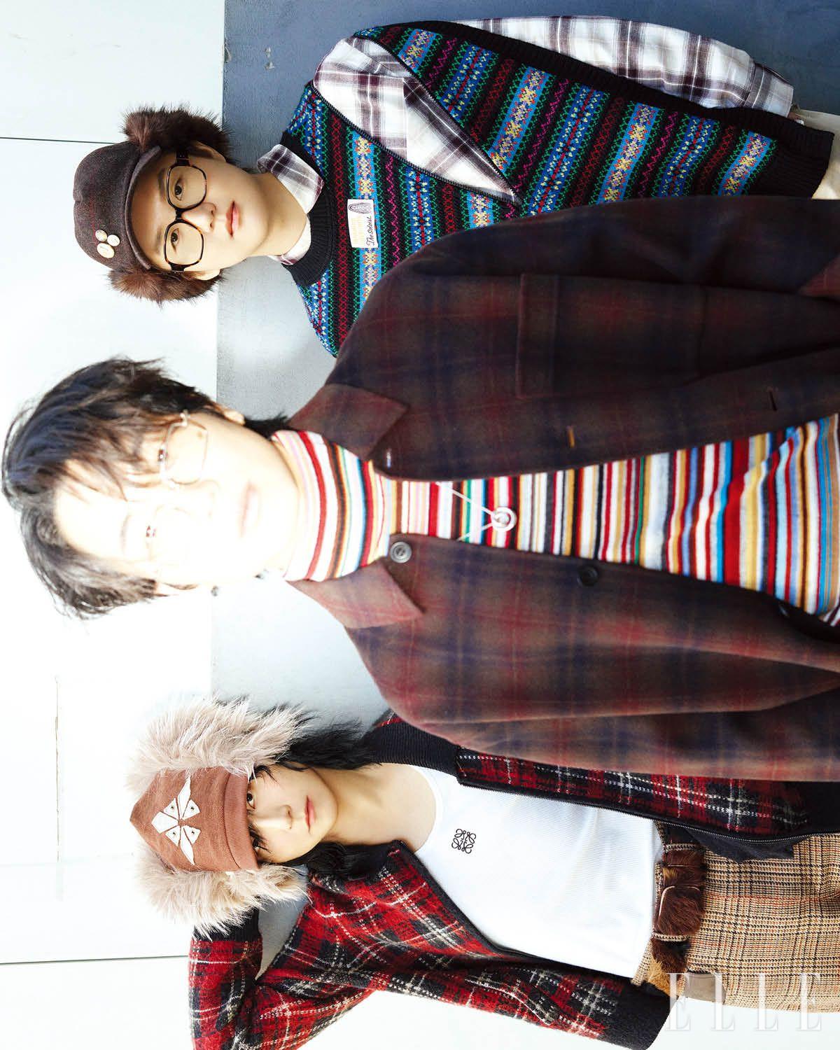 (왼쪽부터) 동규가 입은 카디건은 Allsaints. 이너 웨어 톱과 팬츠는 모두 Loewe. 모자는 스타일리스트 소장품. 다니엘이 입은 셔츠는 Cos. 터틀넥 톱은 Paul Smith. 스커트는 Lecyto. 액세서리는 Numbering. 팬츠는 스타일리스트 소장품. 순종이 입은 셔츠는 Cos. 팬츠와 베스트는 모두 스타일리스트 소장품.