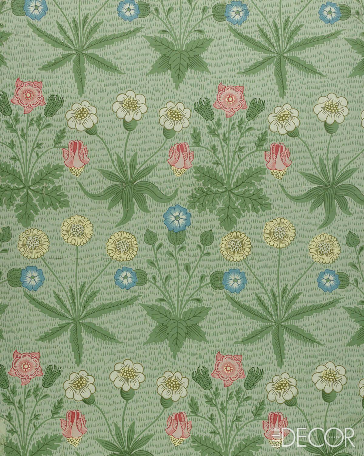 잔디가 점점이 찍힌 배경 위에 데이지, 스위트 윌리엄, 콜럼바인 등의 꽃이 무성하면서도 정돈된 형태로 배열돼 있다. 연녹색 바탕에 초록, 분홍, 파랑, 올리브, 노랑, 회색의 색조로 인쇄.