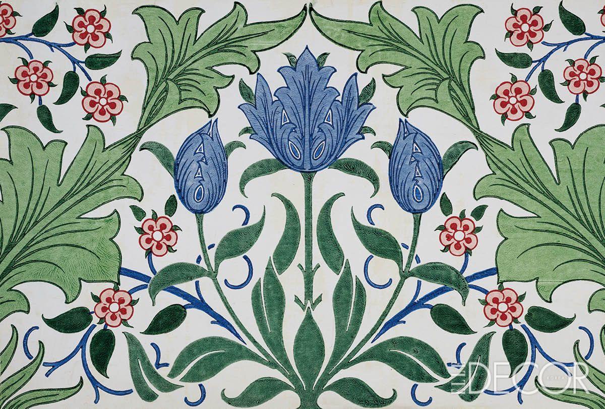 튤립이 등장하는 꽃무늬 벽지 디자인.