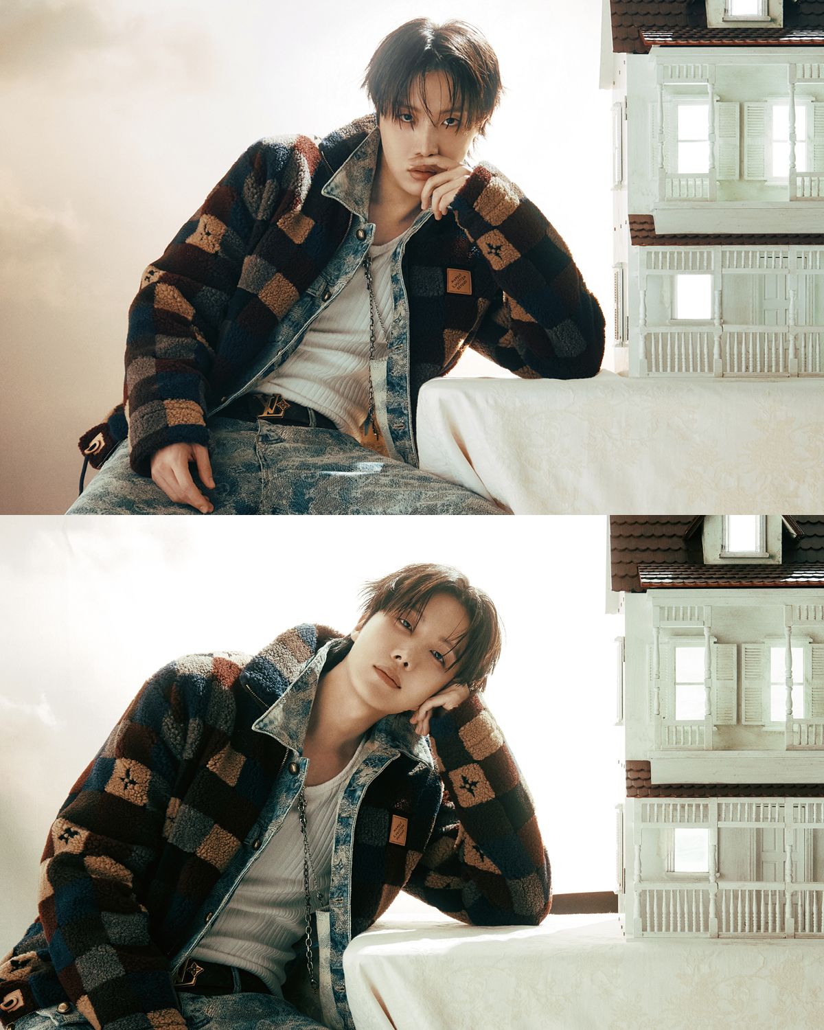 제이홉이 입은 다미에 패턴의 플리스 블루종과 모노그램 데님 트러거 재킷, 데님 스케이트 팬츠, 벨트, LV 세일러 펜던트와 네크리스는 모두 Louis Vuitton.