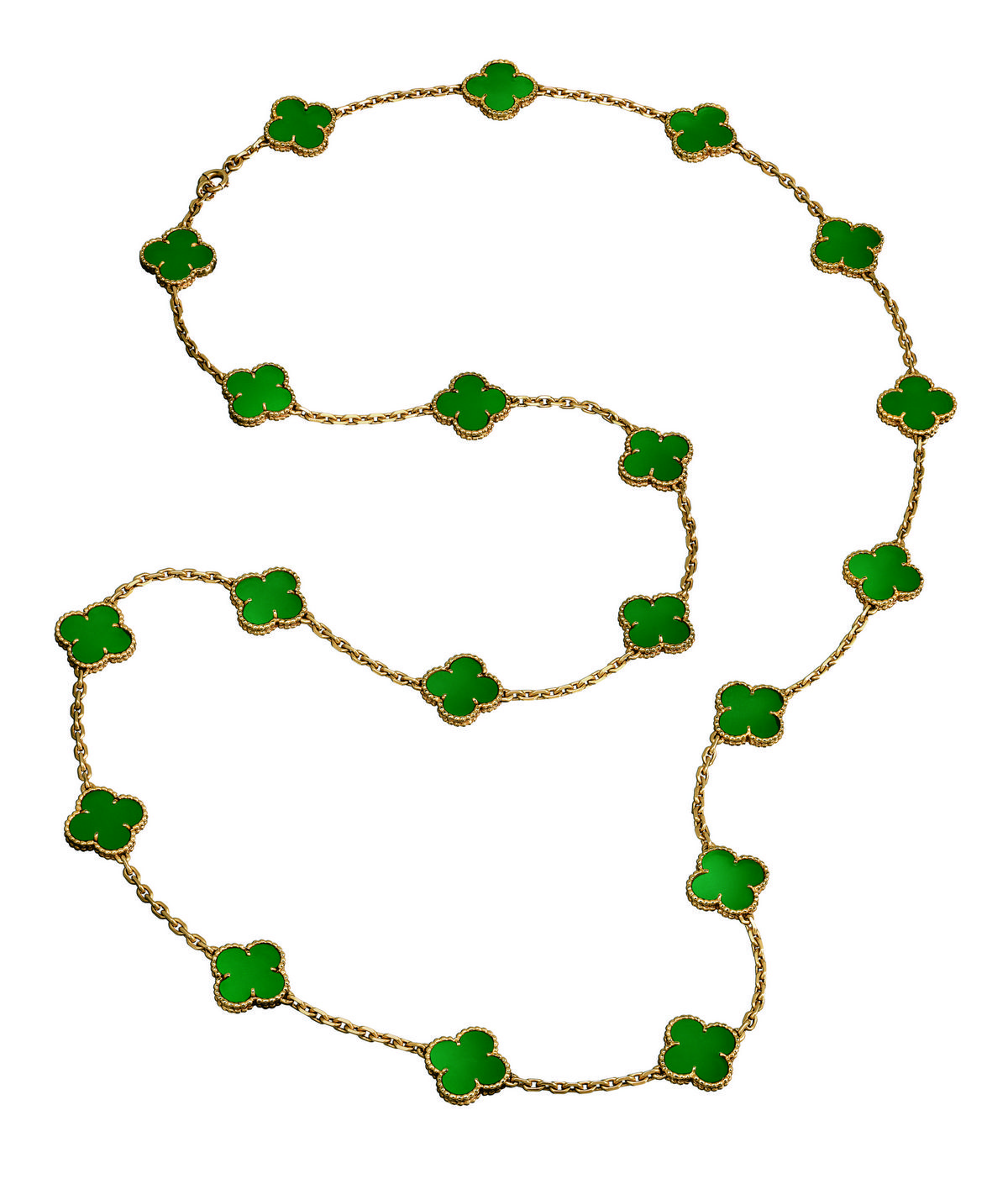 1971년 출시된 옐로 골드와 그린 아게이트 소재의 알함브라 네크리스. 반클리프 아펠 컬렉션.