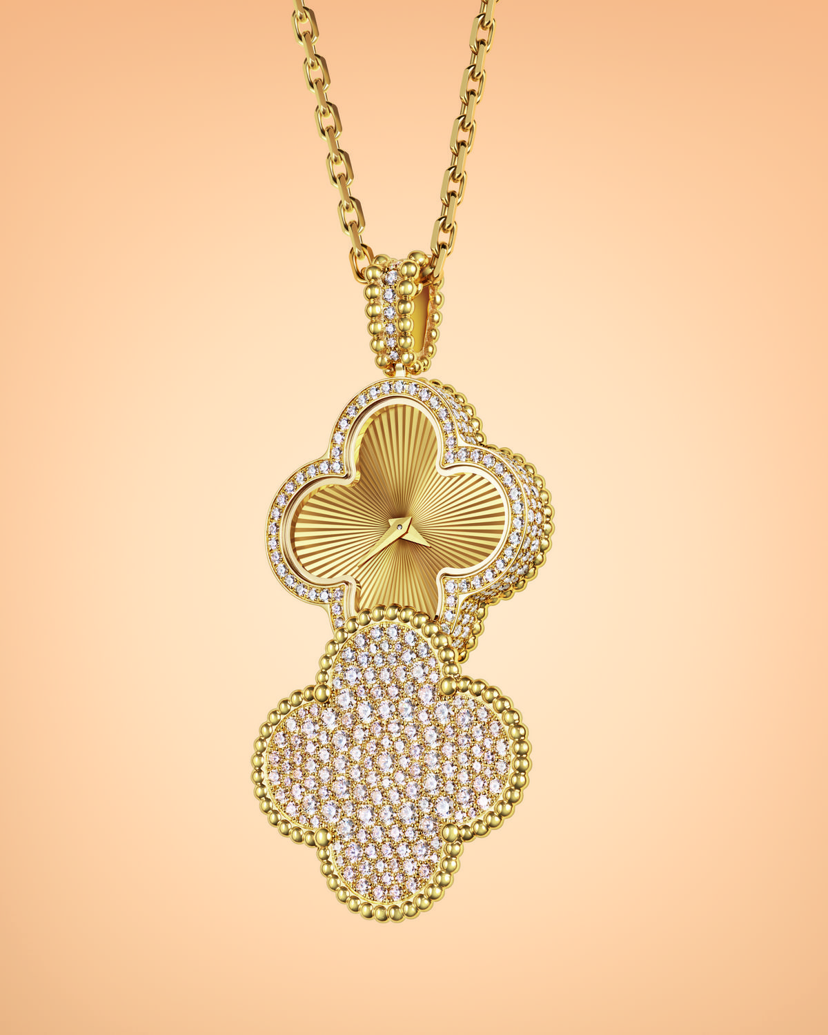 기요셰 장식의 옐로 골드, 다이아몬드 소재에 스위스 쿼츠 무브먼트를 탑재한 알함브라 시크릿 펜던트 워치.