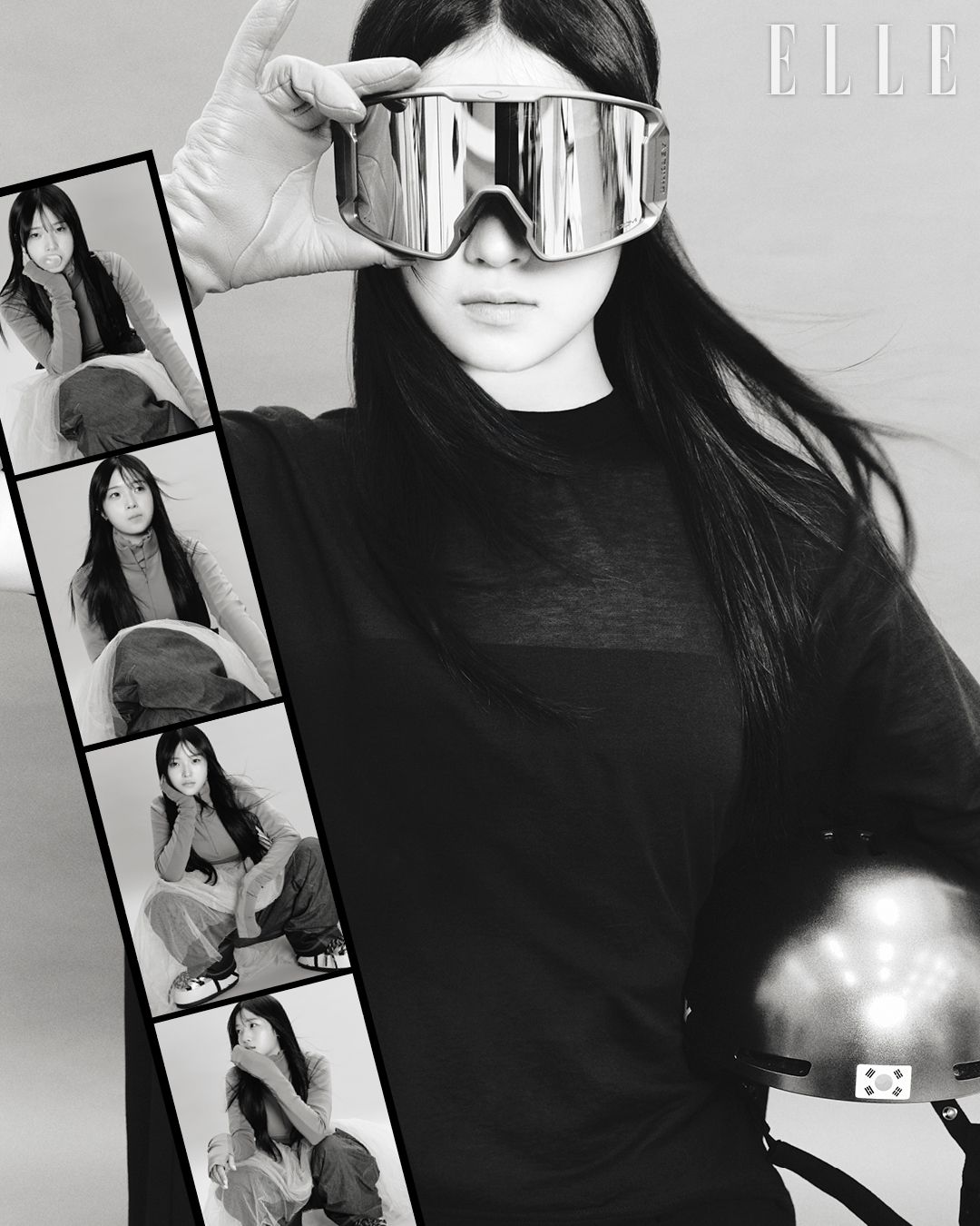 (위)트레인이 포인트인 티셔츠와 팬츠, 가죽 장갑은 모두 Balenciaga. 고글과 헬멧은 모델 소장품. (아래) 레드 터틀넥 톱과 프릴 디테일의 톱은 모두 Bmuet(te). 발레리나 스커트는 Repetto. 데님 스키 팬츠와 문 부츠는 Moncler.