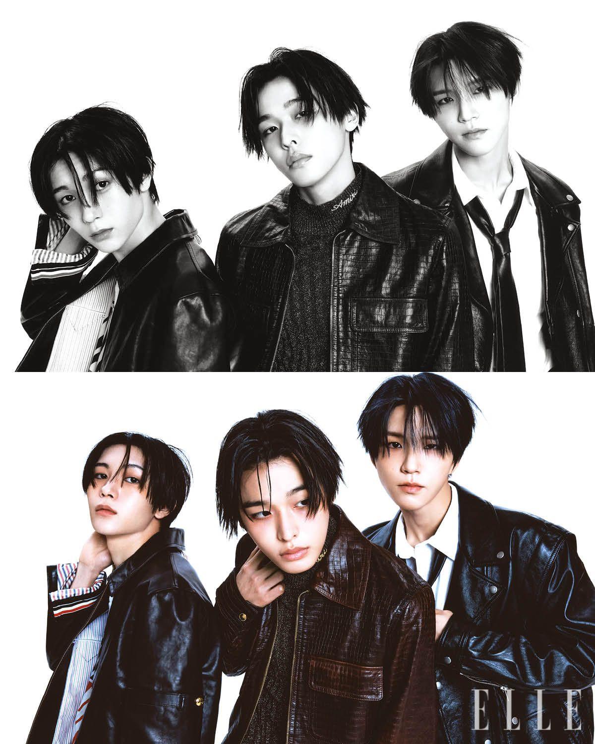 료가 입은 레더 재킷은 Thom Browne. 티셔츠는 Madeworn by Mue. 리쿠가 입은 레더 재킷과 글리터 톱은 모두 Amiri. 재희가 입은 블랙 재킷은 Saint Laurent. 셔츠와 타이는 스타일리스트 소장품.