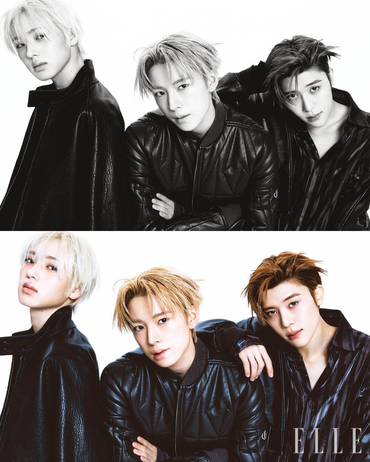 사쿠야가 입은 레더 재킷은 Studio Nicholson. 유우시가 입은 레더 패딩 재킷은 Moncler x Rick Owens. 시온이 입은 레더 재킷은 Recto. 셔츠는 Acne Studios.