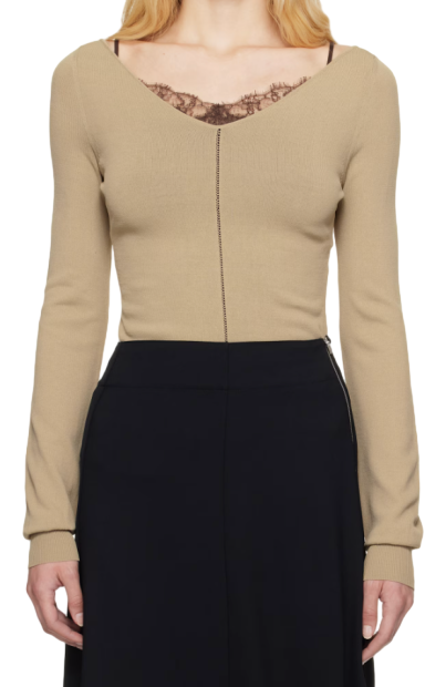 베이지 와이드 브이넥 탑