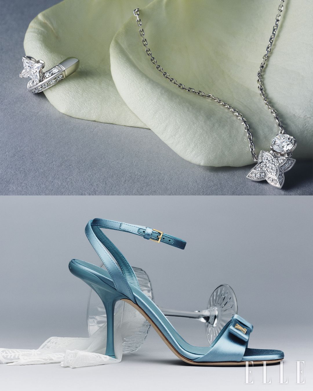  화이트 골드에 LV 모노그램 스타 컷 다이아몬드를 세팅한 LV 다이아몬드 이어커프, 화이트 골드에 다이아몬드를 세팅한 LV 다이아몬드 더블 펜던트는 가격 미정, 모두 Louis Vuitton.