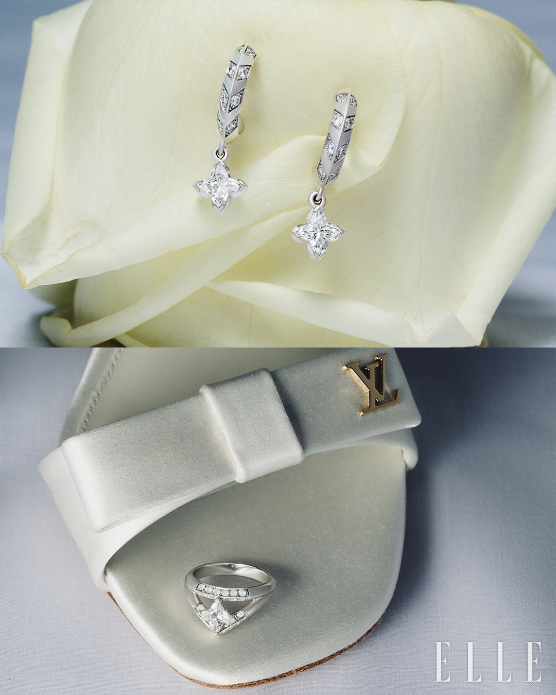 화이트 골드에 다이아몬드를 세팅한 LV 다이아몬드 스몰 후프, 플래티넘에 LV 모노그램 스타 컷 다이아몬드를 세팅한 LV 다이아몬드 파베 더블 링은 가격 미정, 모두 Louis Vuitton.