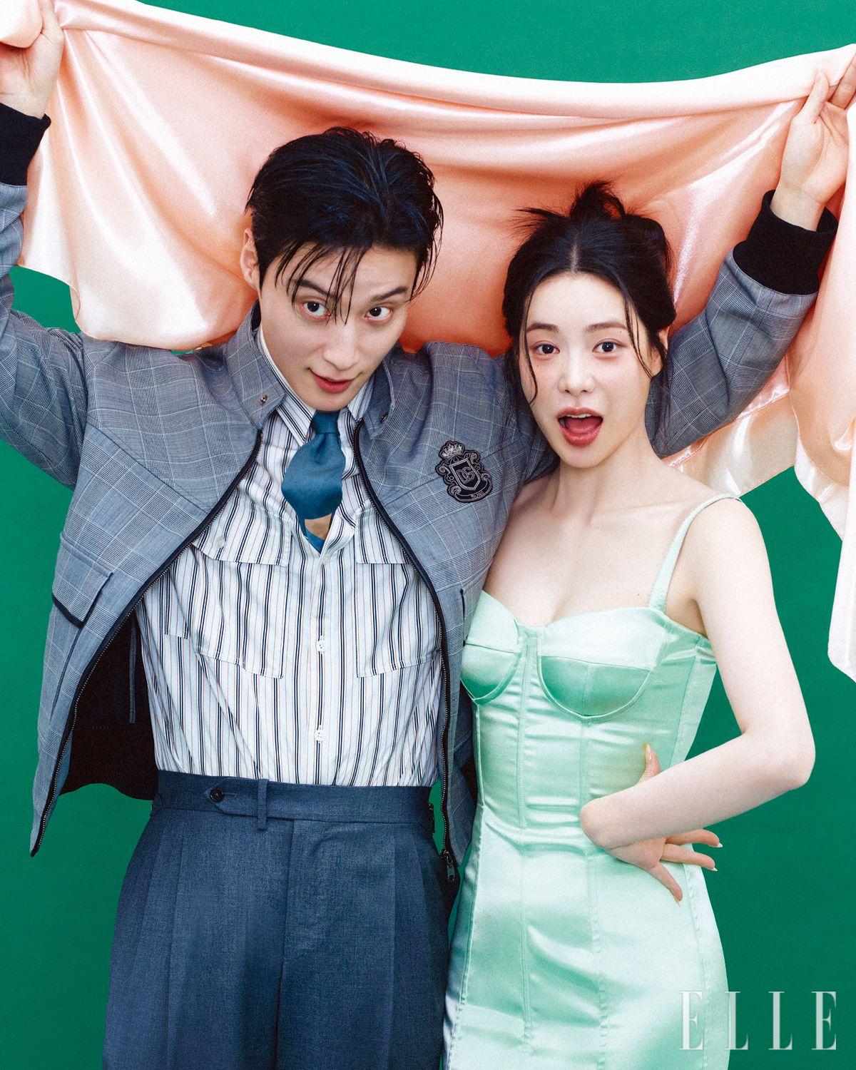 허남준이 입은 블루종 재킷, 스트라이프 패턴 셔츠, 팬츠, 타이는 모두 Dolce&Gabbana. 임지연이 입은 새틴 드레스는 Dolce&Gabbana.