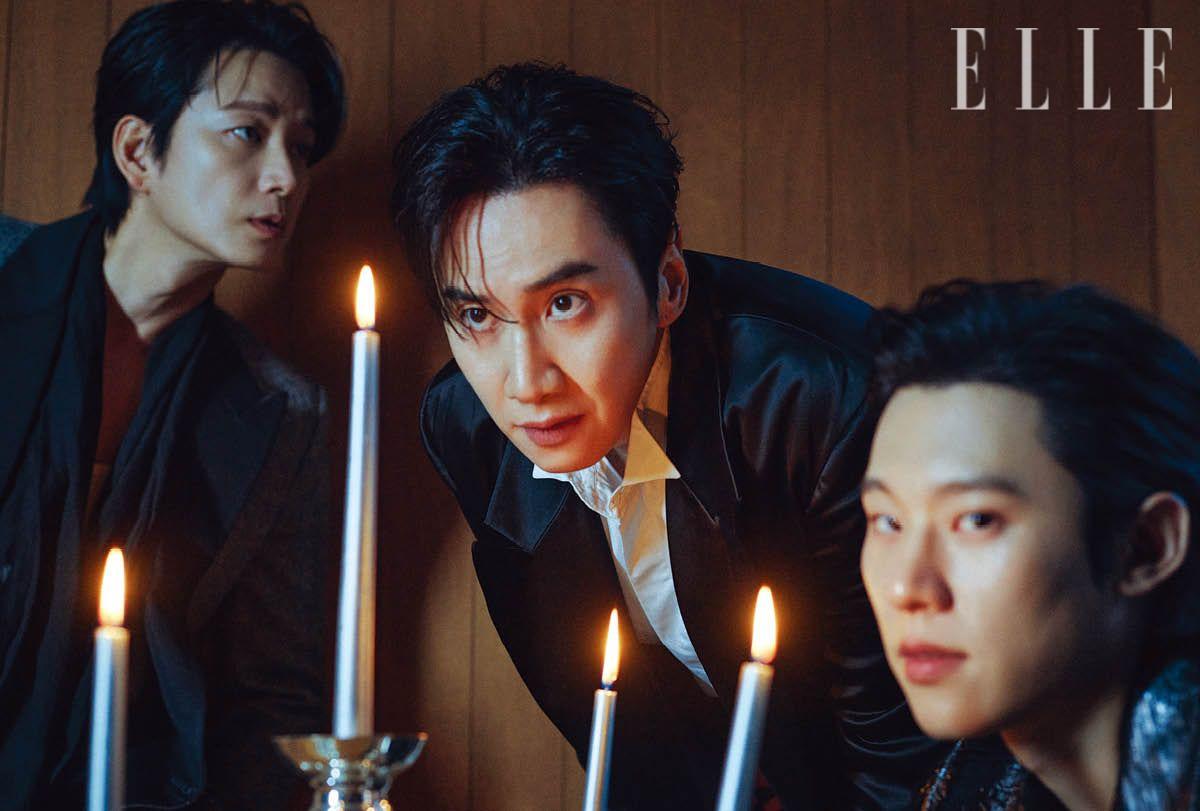 이현욱이 입은 재킷은 Dior. 이너 웨어 톱과 스카프는 스타일리스트 소장품. 이광수가 입은 새틴 수트 재킷과 셔츠, 스카프 스커트는 모두 Dries Van Noten. 김성철이 입은 레더 재킷은 Kimseoryong Homme.