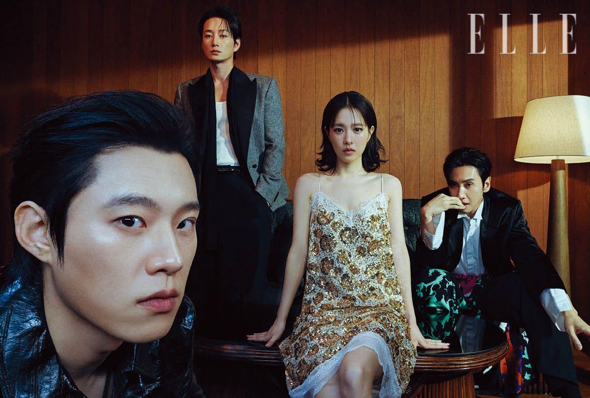 김성철이 입은 레더 재킷은 Kimseoryong Homme. 시계는 모델 소장품. 이현욱이 입은 재킷은 Dior. 이너 웨어 톱과 팬츠, 벨트, 스카프는 스타일리스트 소장품. 박보영이 입은 레이스 디테일의 시퀸 드레스와 부츠는 모두 Ice Dust. 이광수가 입은 새틴 수트 재킷과 턱시도 셔츠, 스카프 스커트는 모두 Dries Van Noten. 레더 로퍼는 Sacai. 양말은 스타일리스트 소장품.