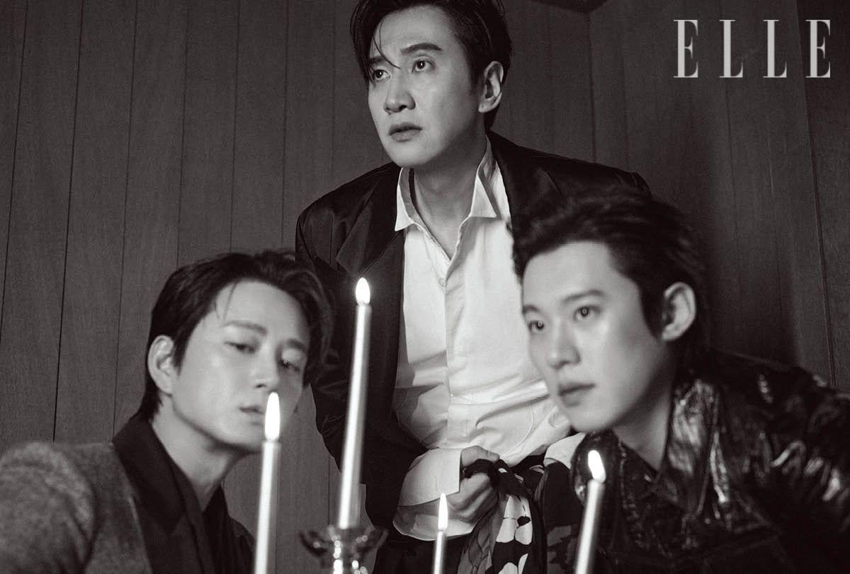 이현욱이 입은 재킷은 Dior. 이너 웨어 톱과 스카프는 스타일리스트 소장품. 이광수가 입은 새틴 수트 재킷과 셔츠, 스카프 스커트는 모두 Dries Van Noten. 김성철이 입은 레더 재킷은 Kimseoryong Homme.