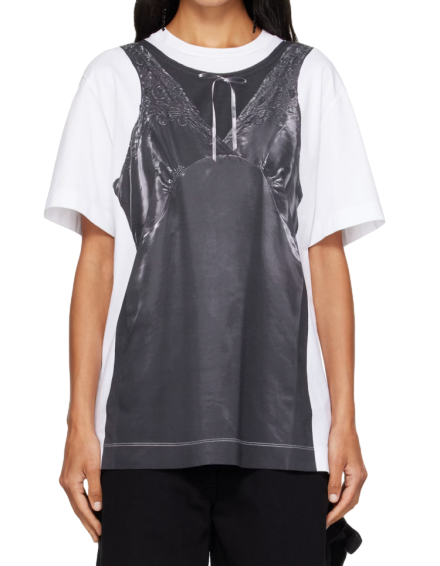 White & Black Patchwork Satin Trompe L'Oeil Print T-shirt