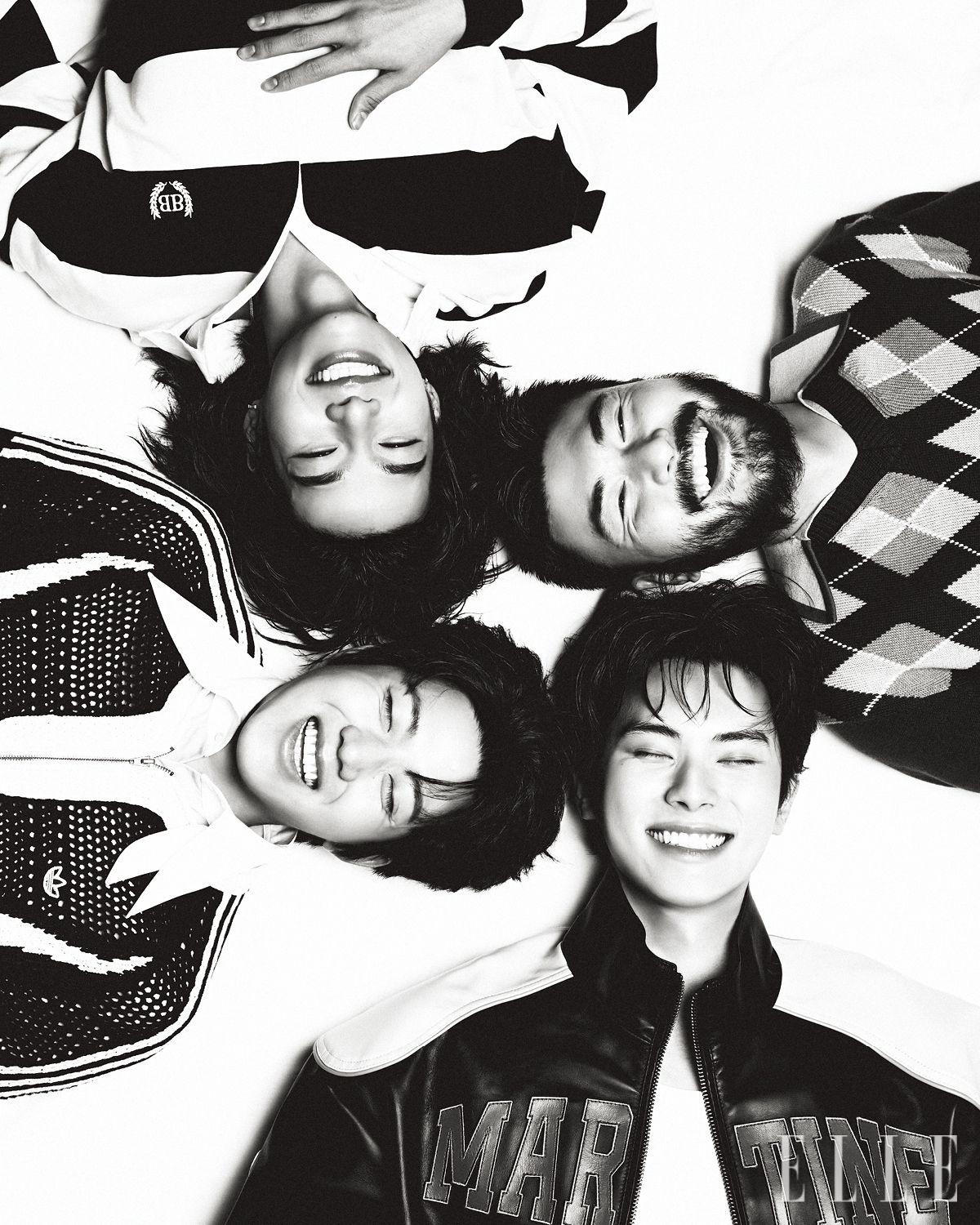 카더가든이 입은 니트 톱은 Dries Van Noten by Boontheshop. 타잔이 입은 럭비 셔츠는 Balenciaga. 도운이 입은 니트 톱은 Adidas Originals. 셔츠는 Masu by Mue. 채민이 입은 레더 재킷은 Martine Rose. 슬리브리스 톱은 스타일리스트 소장품.