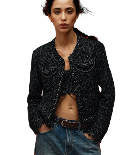 RAW CHAIN-EDGE TWEED JACKET (BLACK)