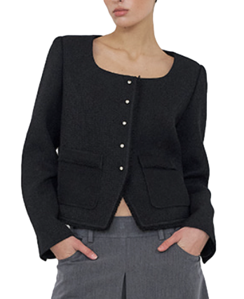 Button Square Tweed Jacket, Black