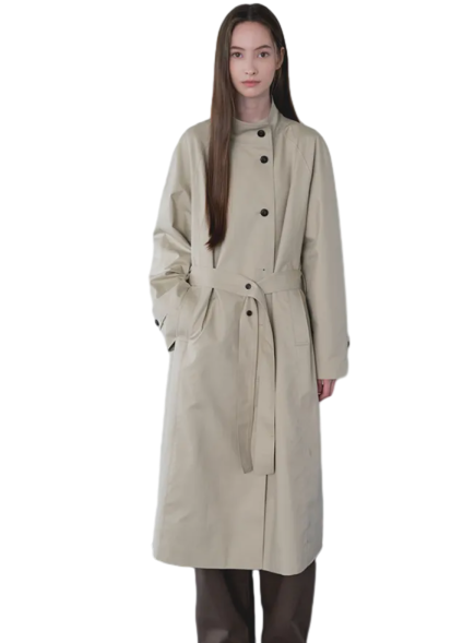High Neck Round Trench Long Coat Beige