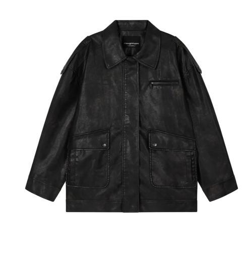 Embossed Washed Leather Jacket - Black