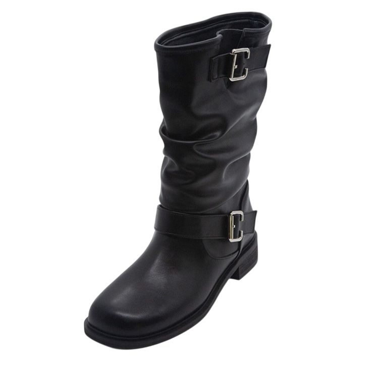 ljh5009 Buckle Detail Shirring Mid Boots