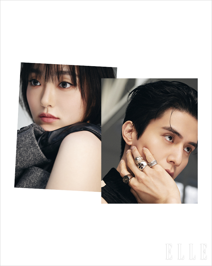  이동욱이 입은 베스트는 Eenk. 검지의 링은 Golden Goose. 약지의 위쪽 골드 링은 Martine Ali by G. Street 494. 약지의 실버 링과 소지의 실버 링은 모두 Chrome Hearts. 김혜준이 입은 코트는 Max Mara. 