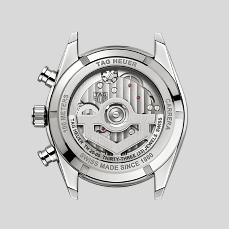 까레라 크로노그래프 투르비용 워치의 케이스백. 