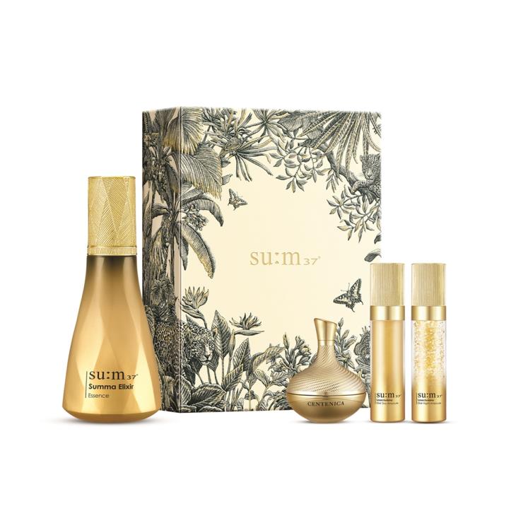 숨37° 숨마 엘릭서 에센스 Summa Natura 에디션 - 탄력, 주름, 피부 결 등 피부 노화 징후를 식물 유래 프로-레티놀과 펩타이드, 발효 비타민 등 8가지 성분으로 다스린다. 100mL 18만원. 