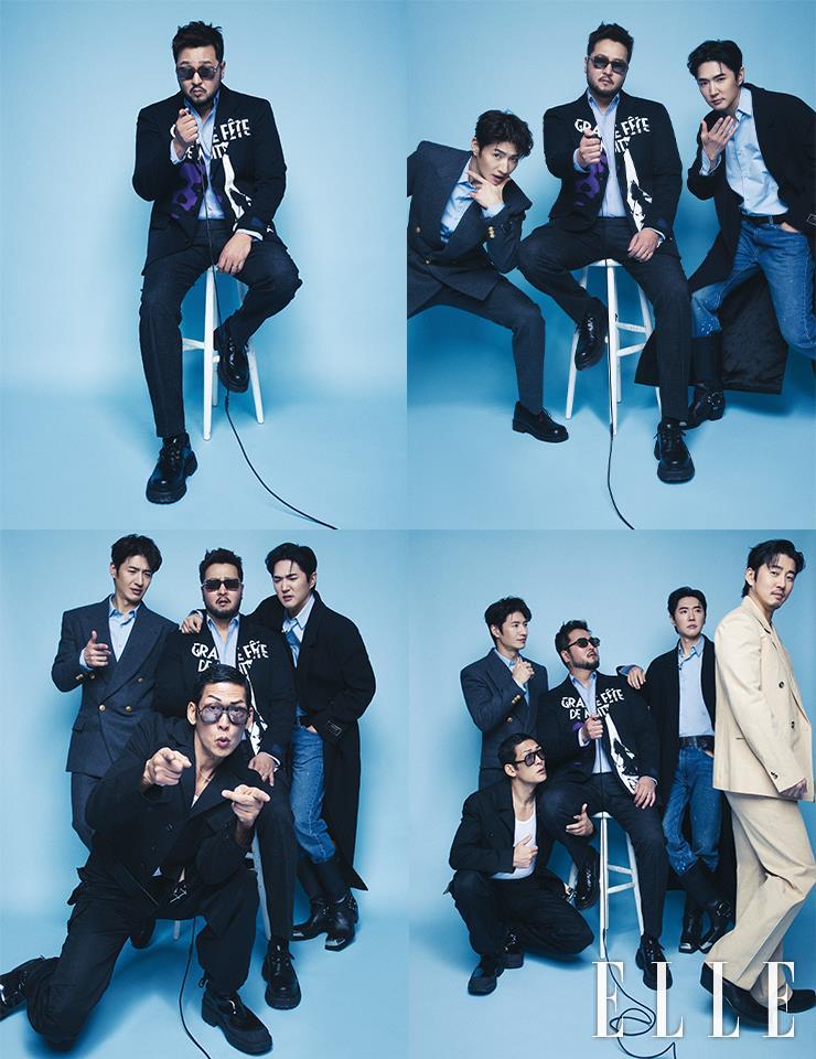 손호영이 입은 더블 재킷과 팬츠, 셔츠는 모두 Gucci. 윤계상이 입은 재킷과 팬츠, 슬리브리스는 모두 Bottega Veneta. 슈즈는 Our Legacy. 데니 안이 입은 블랙 롱 코트와 셔츠, 슈즈는 모두 Gucci. 데님 팬츠는 Levi’s. 박준형이 입은 바이커 재킷과 팬츠, 슈즈는 모두 Alexander McQueen. 아이웨어는 J.T.O Originals. 김태우가 입은 블랙 재킷은 Raf simons by Mue. 이너 셔츠는 Deum-Jig. 슈즈는 Ami.